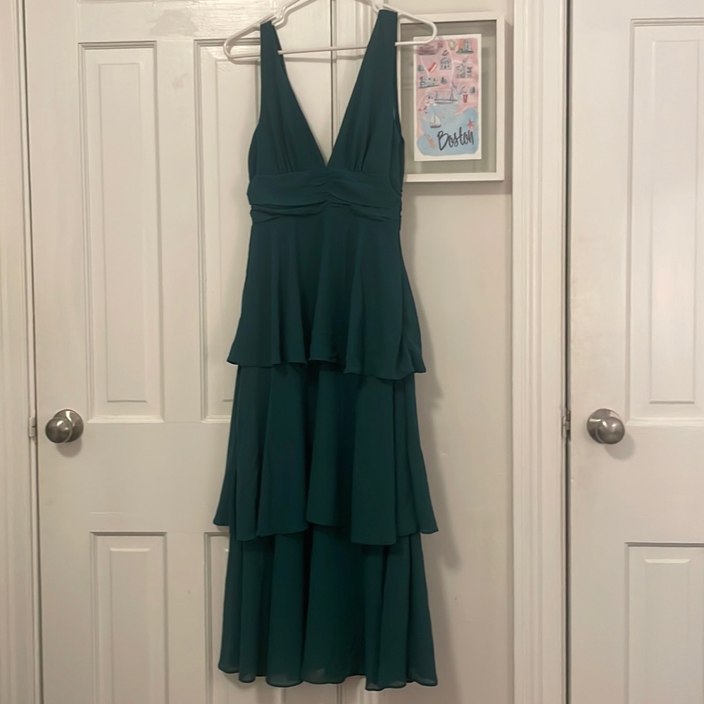 Tiered dark green midi cocktail or formal dress